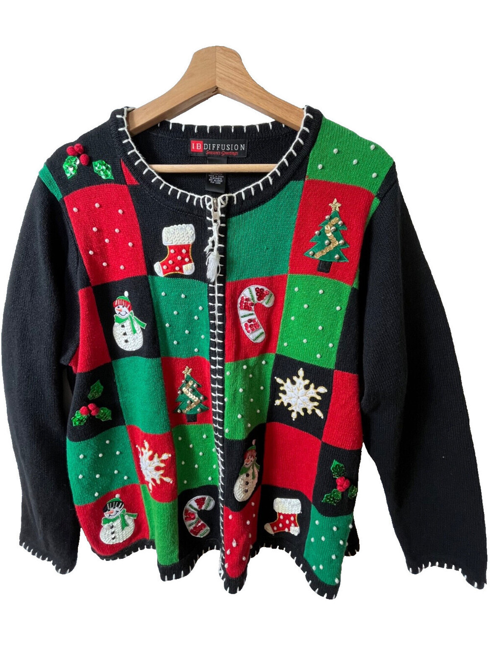 Vintage IB Diffusion Ugly Christmas Sweater L Cardigan Sequin Applique Holiday